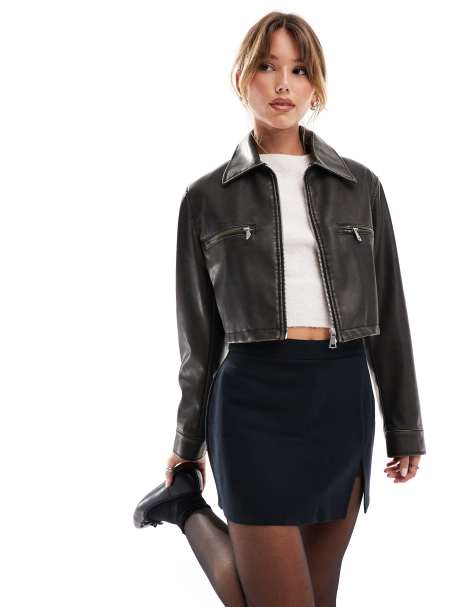 ASOS DESIGN – Harrington-Jacke in schwarzer verwaschener Lederoptik - view 1