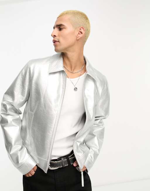 ASOS DESIGN – Harrington-Jacke in silberfarbener Leder-Optik