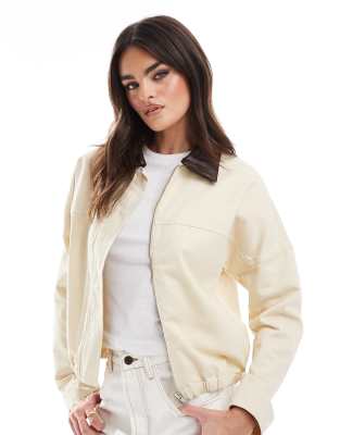 ASOS DESIGN - Harrington-Jacke in Steinbeige mit Kontrast-Kragen-Neutral