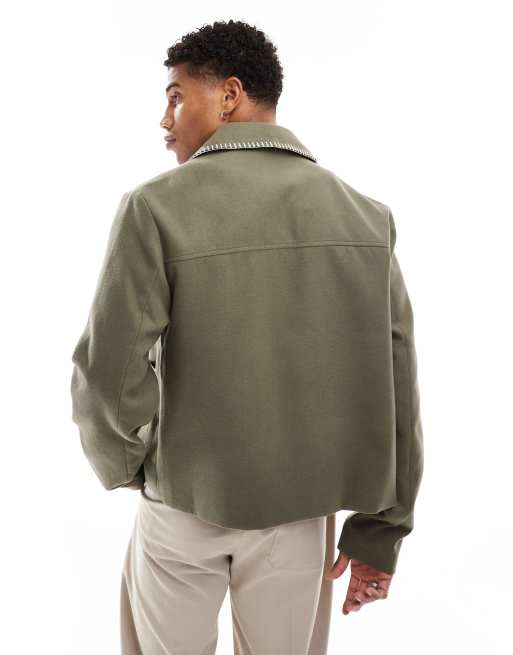 ASOS DESIGN – Harrington-Jacke in Wolloptik in Khaki mit Saumstich, 4 von 4