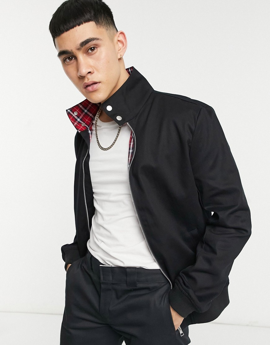 ASOS DESIGN harrington jacket in black with contrast check lining