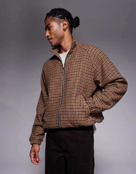 ASOS DESIGN harrington jacket in brown wool blend plaid - view 1