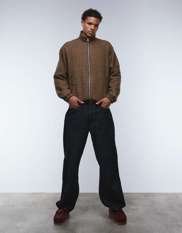 ASOS DESIGN harrington jacket in brown wool blend plaid | ASOS