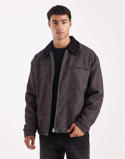 ASOS DESIGN harrington jacket in burgundy herringbone - view 1