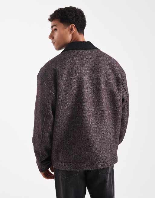 ASOS DESIGN harrington jacket in burgundy herringbone, 3 of 5