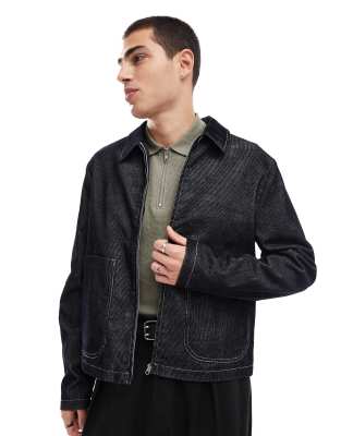 Asos Design Harrington Jacket In Cord With Wash And Contrast Stitch-black