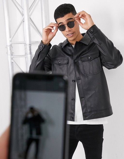 ASOS DESIGN harrington jacket in faux leather with utility pocketing in black