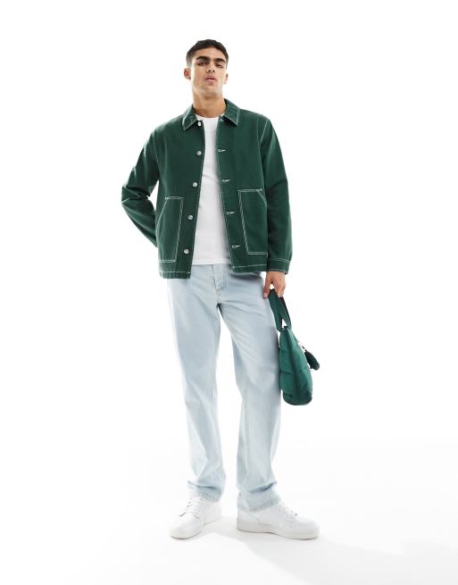 ASOS DESIGN harrington jacket in green with contrast stitch | ASOS