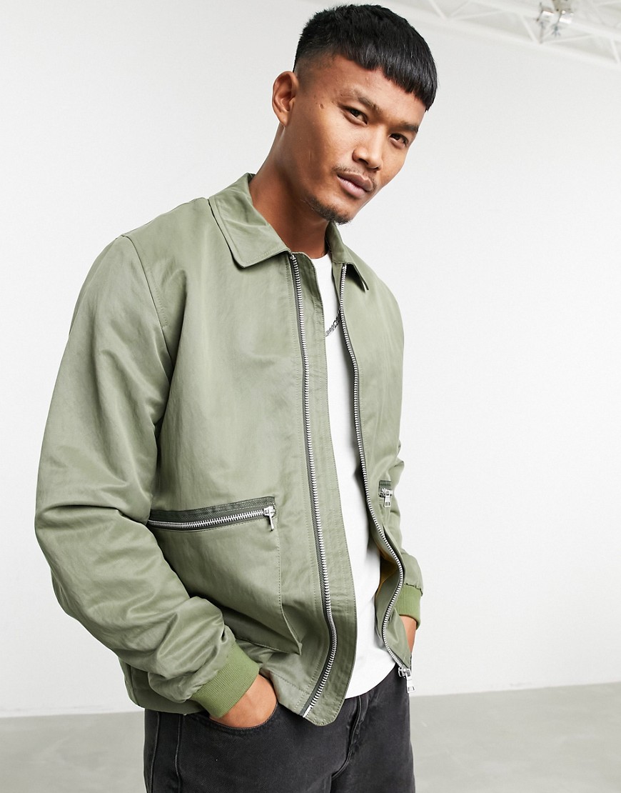 ASOS DESIGN Harrington jacket in khaki with contrast trim detail-Green