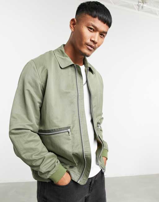 ASOS DESIGN harrington jacket in khaki with contrast trim detail | ASOS