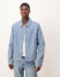 [ASOS DESIGN] ASOS DESIGN harrington jacket in light wash denim with subtle green tint-Blue S Light wash
