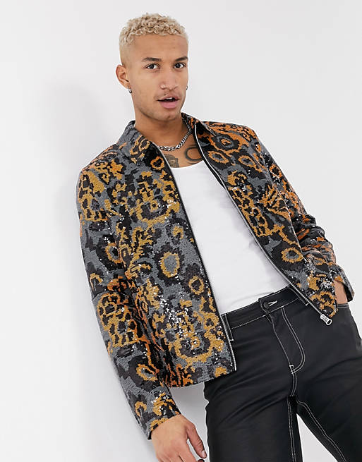 ASOS DESIGN harrington jacket in orange sequin leopard print | ASOS