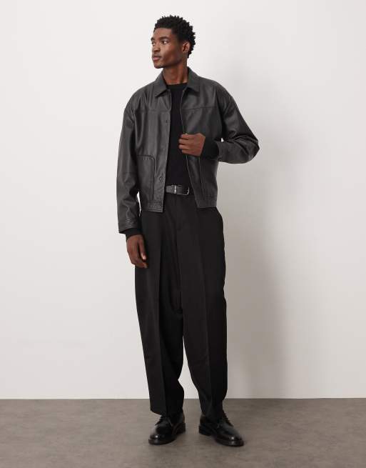 ASOS DESIGN harrington jacket in real leather in black, 2 of 5