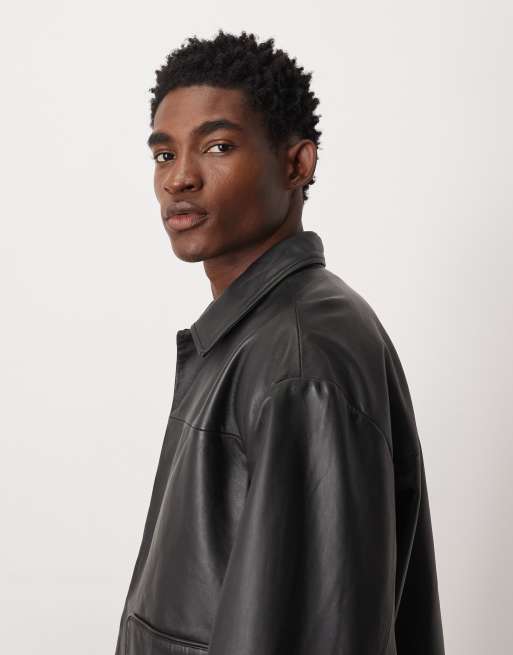 ASOS DESIGN harrington jacket in real leather in black, 4 of 5