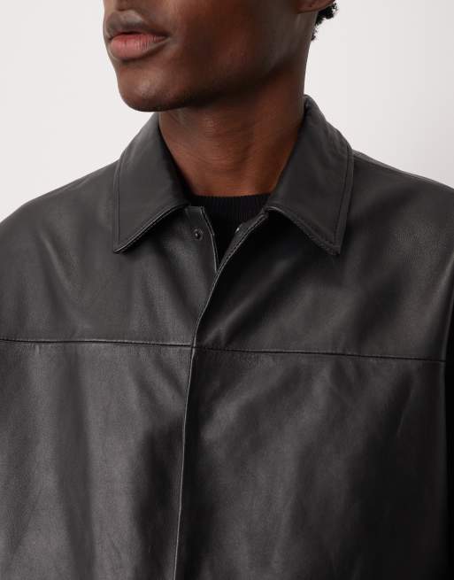 ASOS DESIGN harrington jacket in real leather in black, 5 of 5
