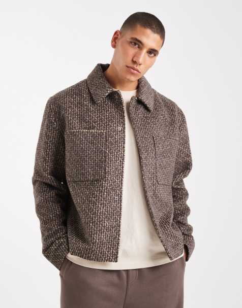 ASOS DESIGN harrington jacket in wool look herringbone in brown - view 1