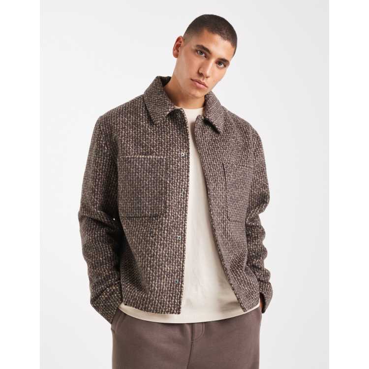 ASOS DESIGN harrington jacket in wool-look herringbone in brown | ASOS