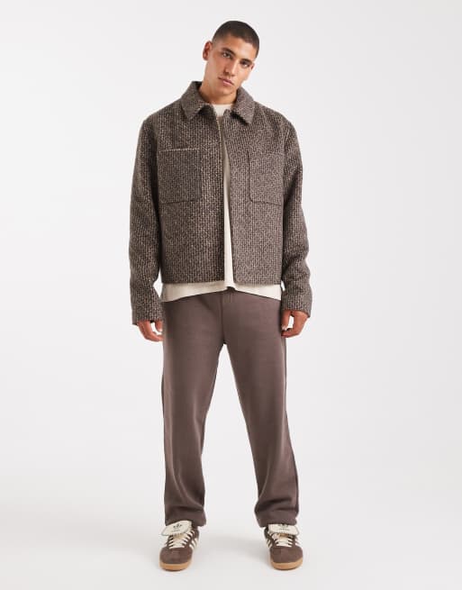 ASOS DESIGN harrington jacket in wool-look herringbone in brown