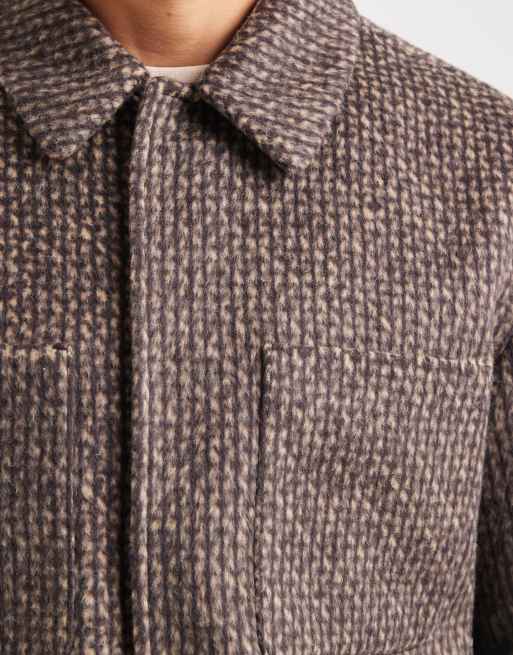 ASOS DESIGN harrington jacket in wool-look herringbone in brown