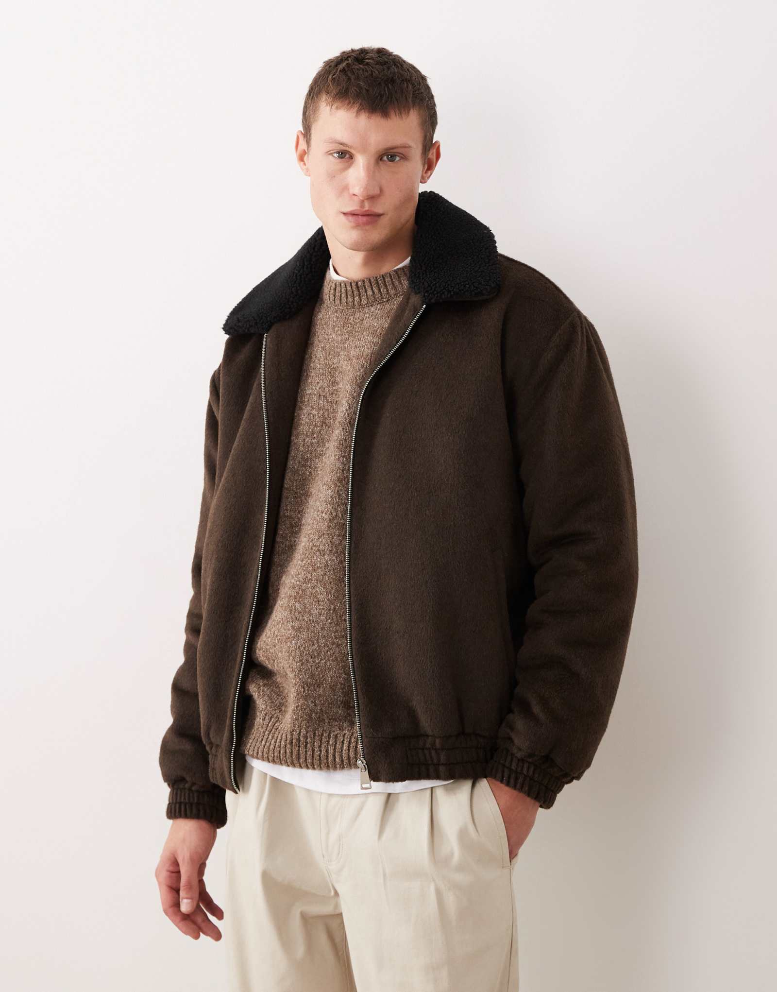 ДИЗАЙНЕРСКАЯ куртка harrington от ASOS из шерсти с коричневым воротником borg