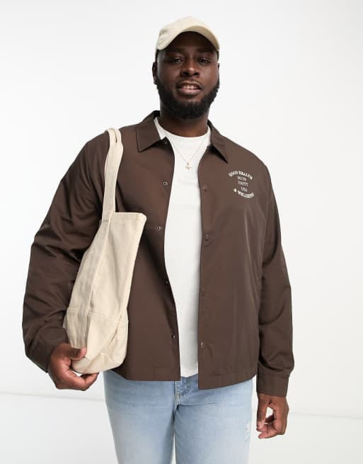 ASOS DESIGN harrington jacket with collegiate print in brown | ASOS