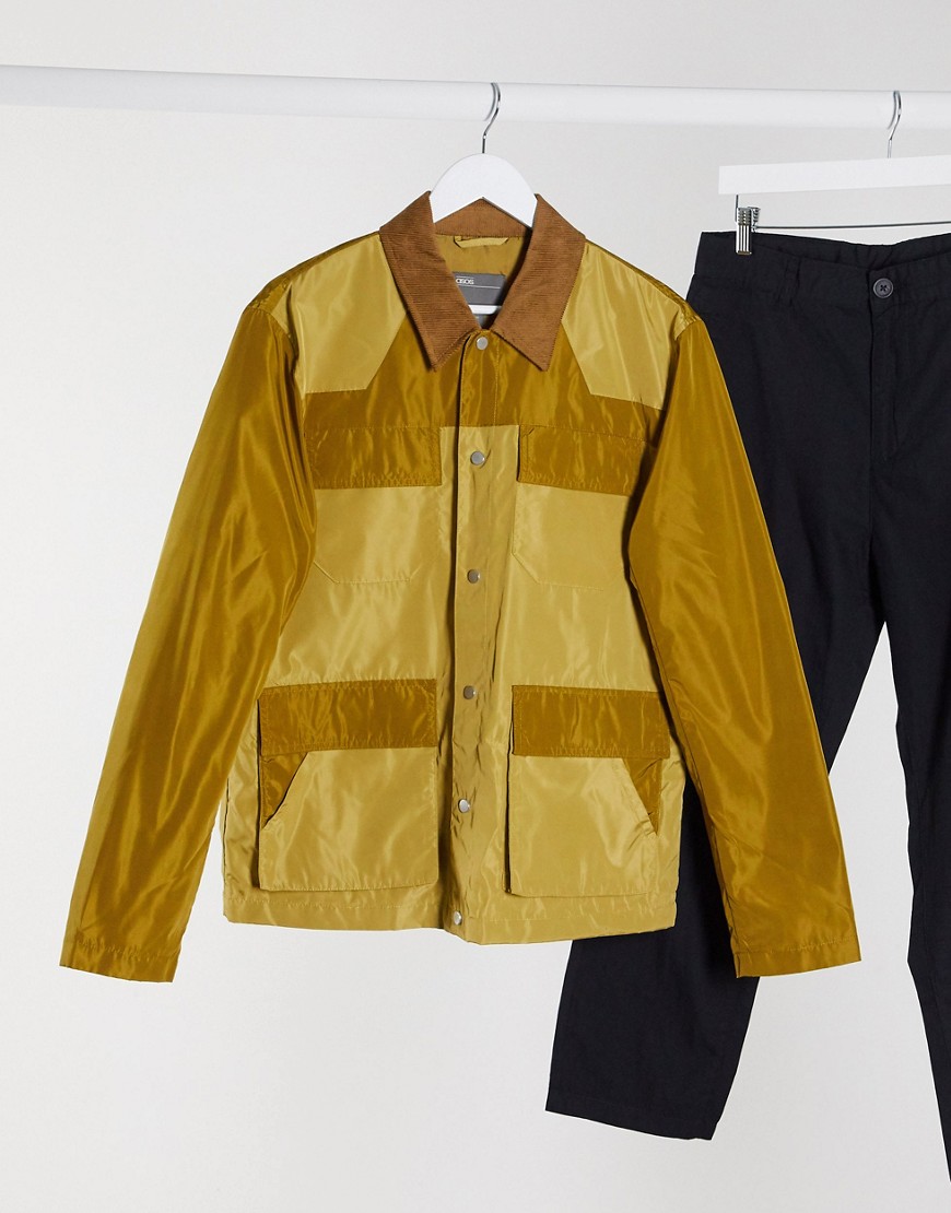 ASOS DESIGN harrington jacket with colourblock and utility pockets-Beige