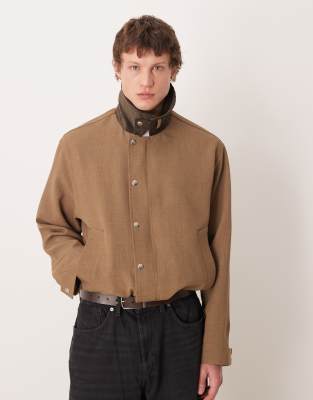 Asos Design Harrington Jacket With Contrast Collar In Brown