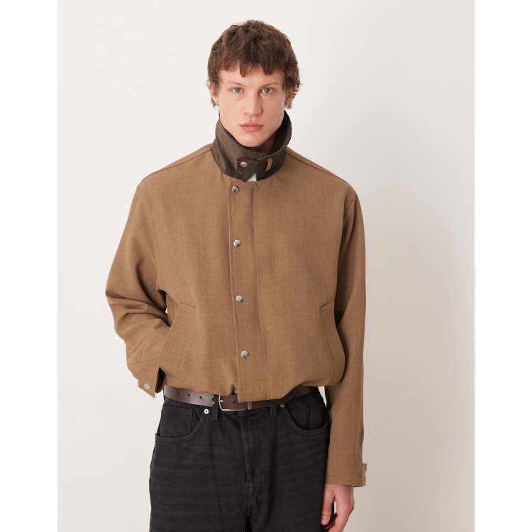 ASOS DESIGN harrington jacket with contrast collar in pale brown