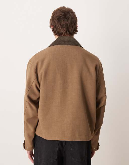 ASOS DESIGN harrington jacket with contrast collar in pale brown, 3 of 5