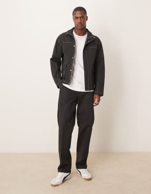 Asos Design Harrington Jacket With Contrast Stitch In Black