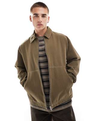 ASOS DESIGN harrington jacket with contrast stitch in brown-Neutral