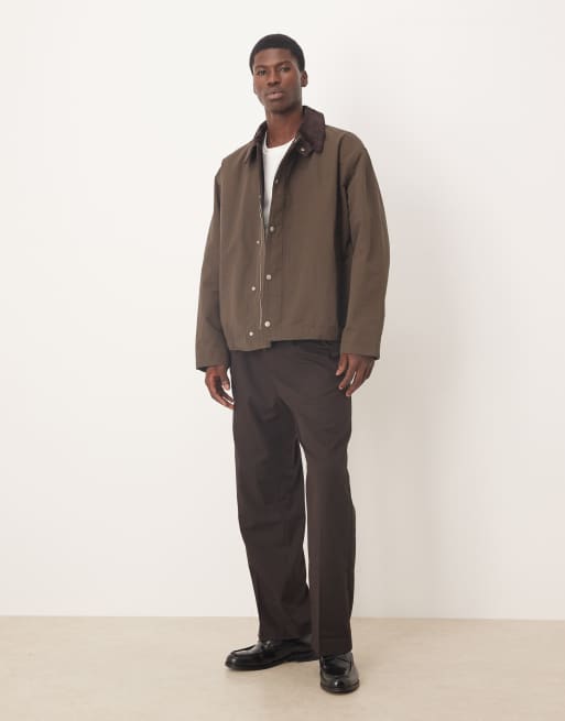 ASOS DESIGN harrington jacket with cord collar in brown, 2 of 5