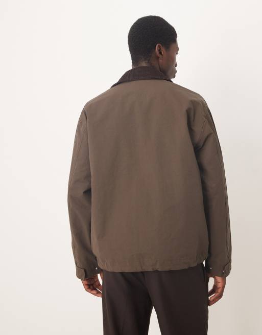 ASOS DESIGN harrington jacket with cord collar in brown, 3 of 5