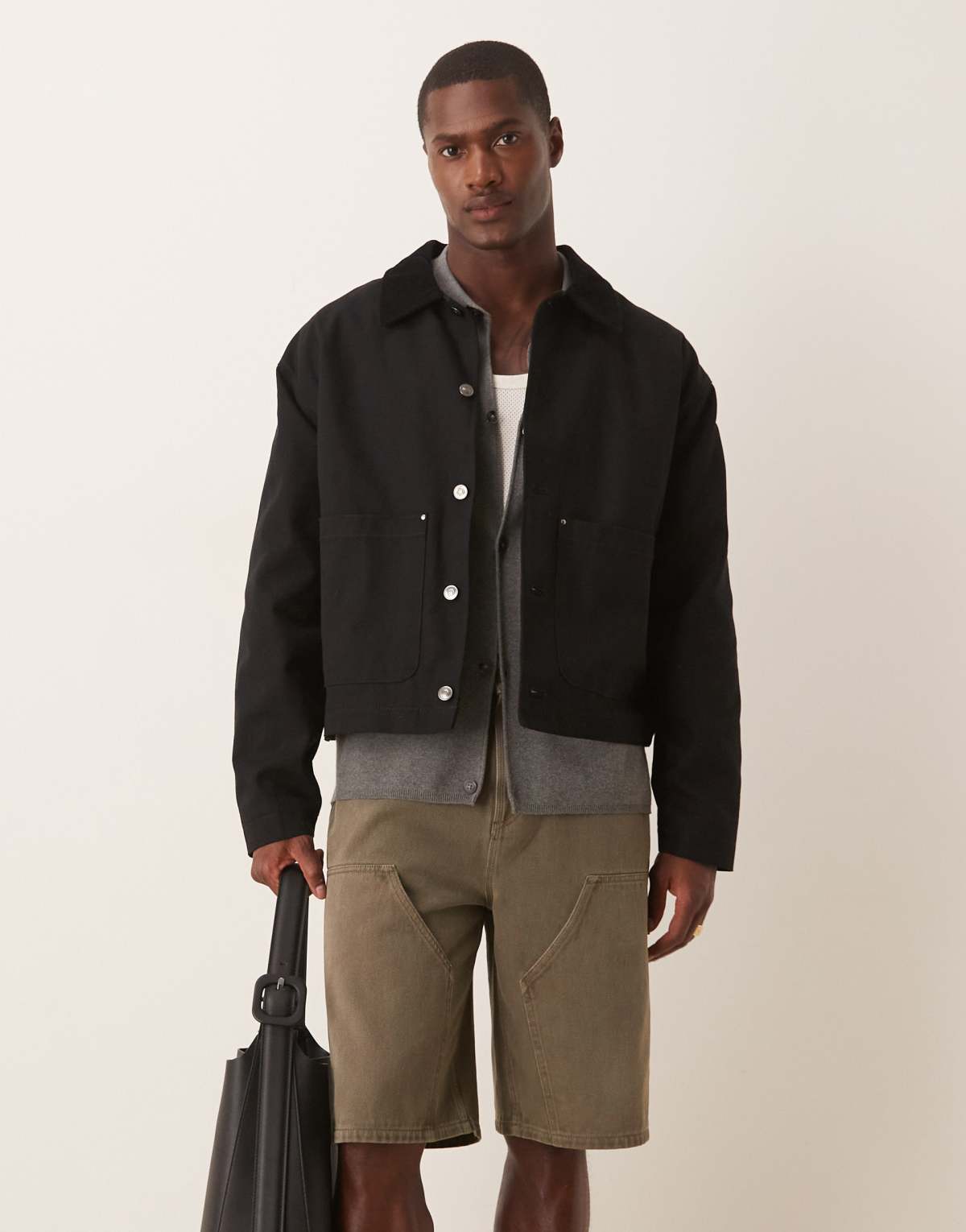 ASOS DESIGN harrington jacket with cord collar in washed black - BLACK