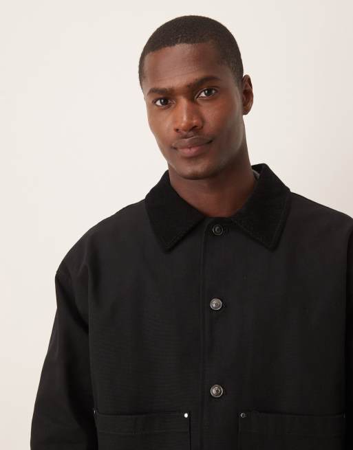 ASOS DESIGN oversized harrington jacket with corduroy collar in washed black