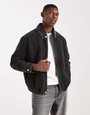 Asos Design Harrington Jacket With Cord Collar In Black
