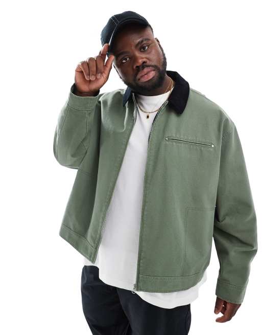 ASOS DESIGN oversized harrington jacket with cord collar in khaki