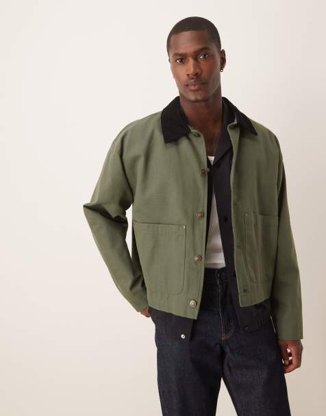 ASOS DESIGN Harrington jacket with cord collar in washed khaki - view 1