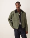 [ASOS DESIGN] ASOS DESIGN harrington jacket with cord collar in washed khaki-Green XL KHAKI