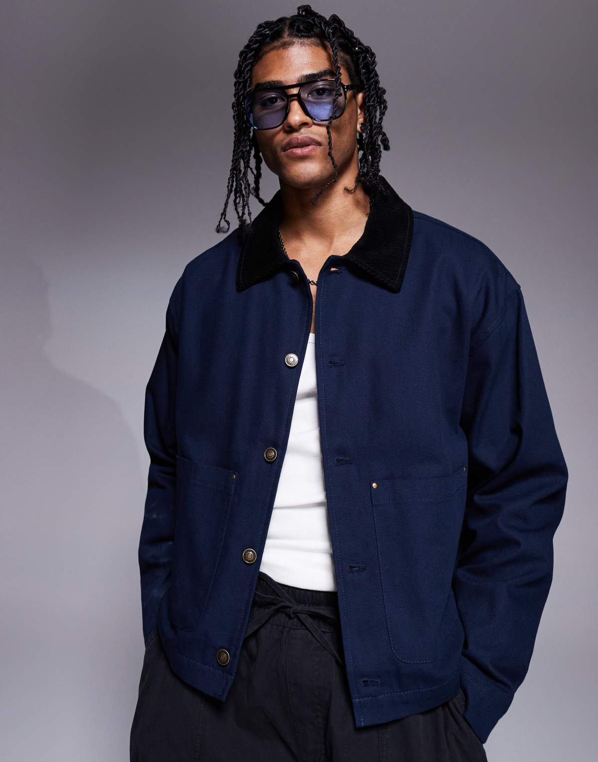 ASOS DESIGN harrington jacket with cord collar in washed navy - NAVY