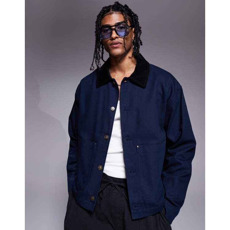ASOS DESIGN Harrington jacket with cord collar in washed navy | ASOS