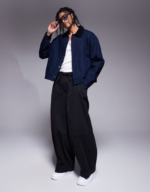 ASOS DESIGN Harrington jacket with cord collar in washed navy | ASOS
