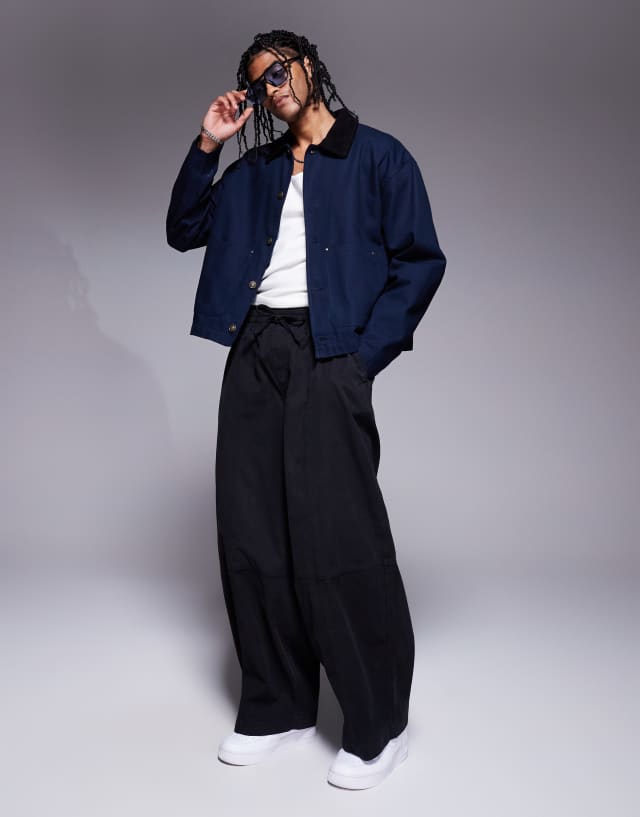 ASOS DESIGN Harrington jacket with cord collar in washed navy | ASOS