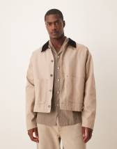 ASOS DESIGN Harrington jacket with cord collar in washed stone
