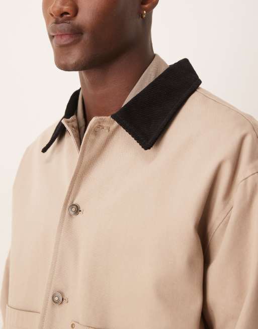 ASOS DESIGN Harrington jacket with cord collar in washed stone, 2 of 4