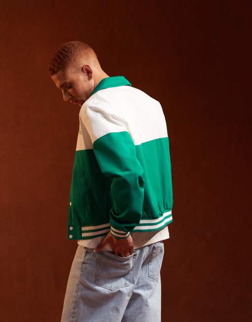 ASOS DESIGN Harrington jacket with embroidered stitch detail in white and green, 5 of 5