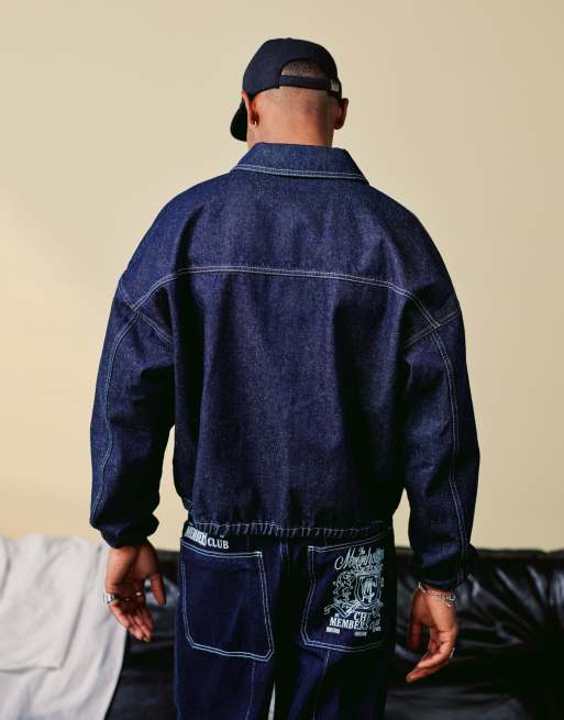 ASOS DESIGN harrington jacket co-ord with embroidery detail in indigo