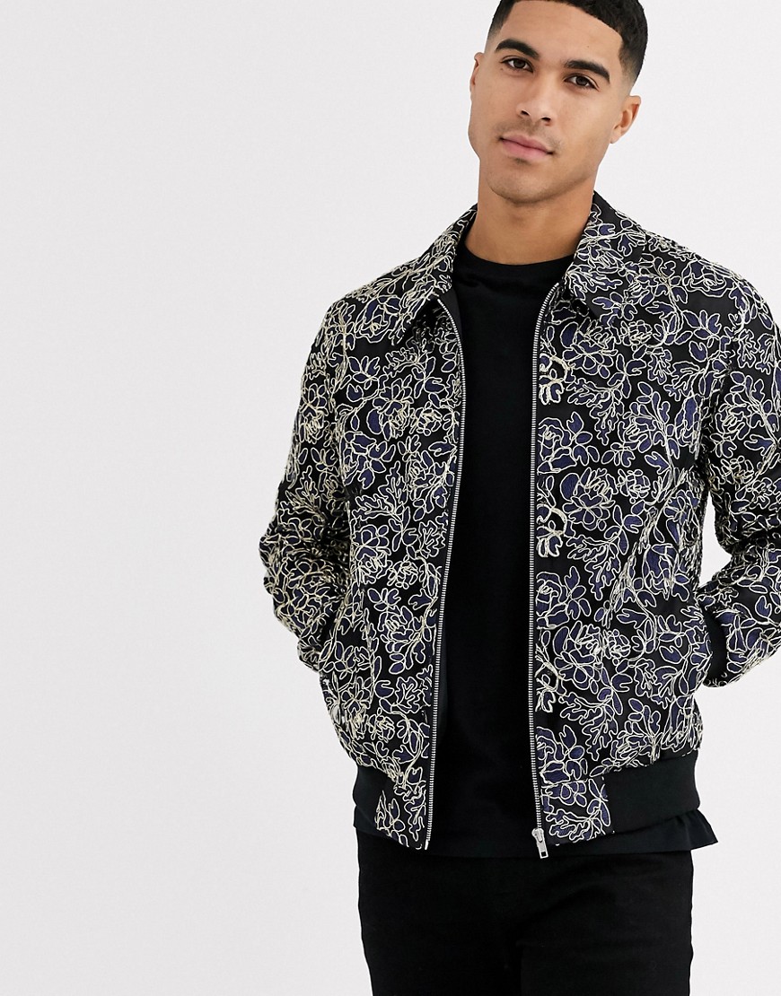 ASOS DESIGN harrington jacket with gold floral embroidery-Navy