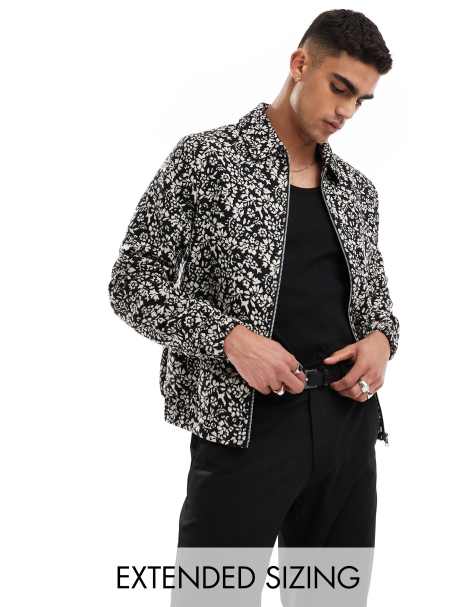 ASOS DESIGN harrington jacket with jacquard print in black and white - view 1