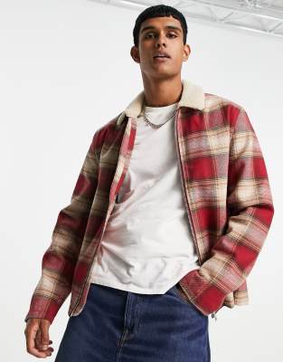 ASOS DESIGN harrington jacket with sherpa collar in red check